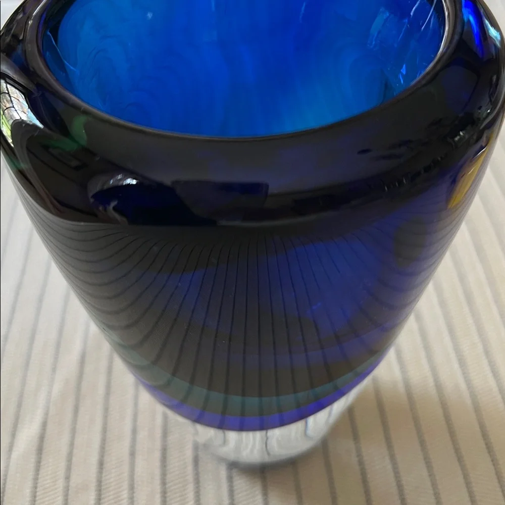 Crate and Barrel Camden Tri Color Clear, Blue and Green Glass Vase.